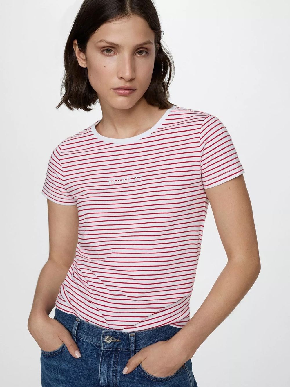 Mango Red & White Striped Crewneck Tee
